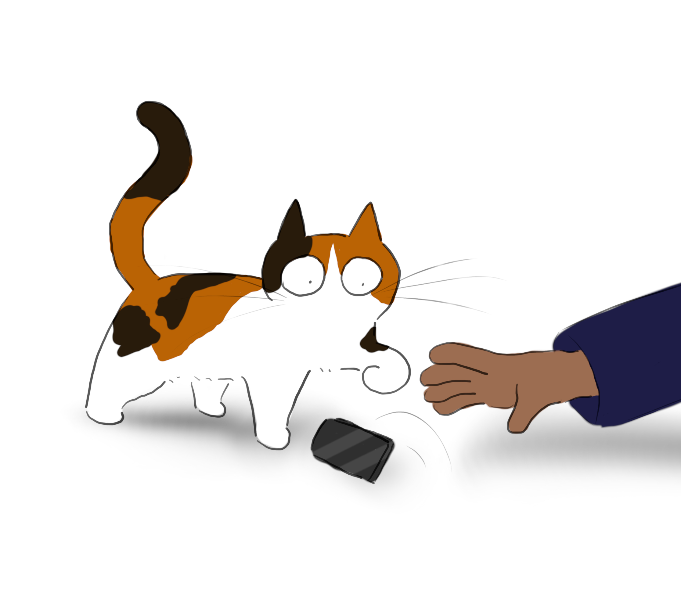 A cartoon of a tricolour cat flipping a smartphone as a human reaches for it.