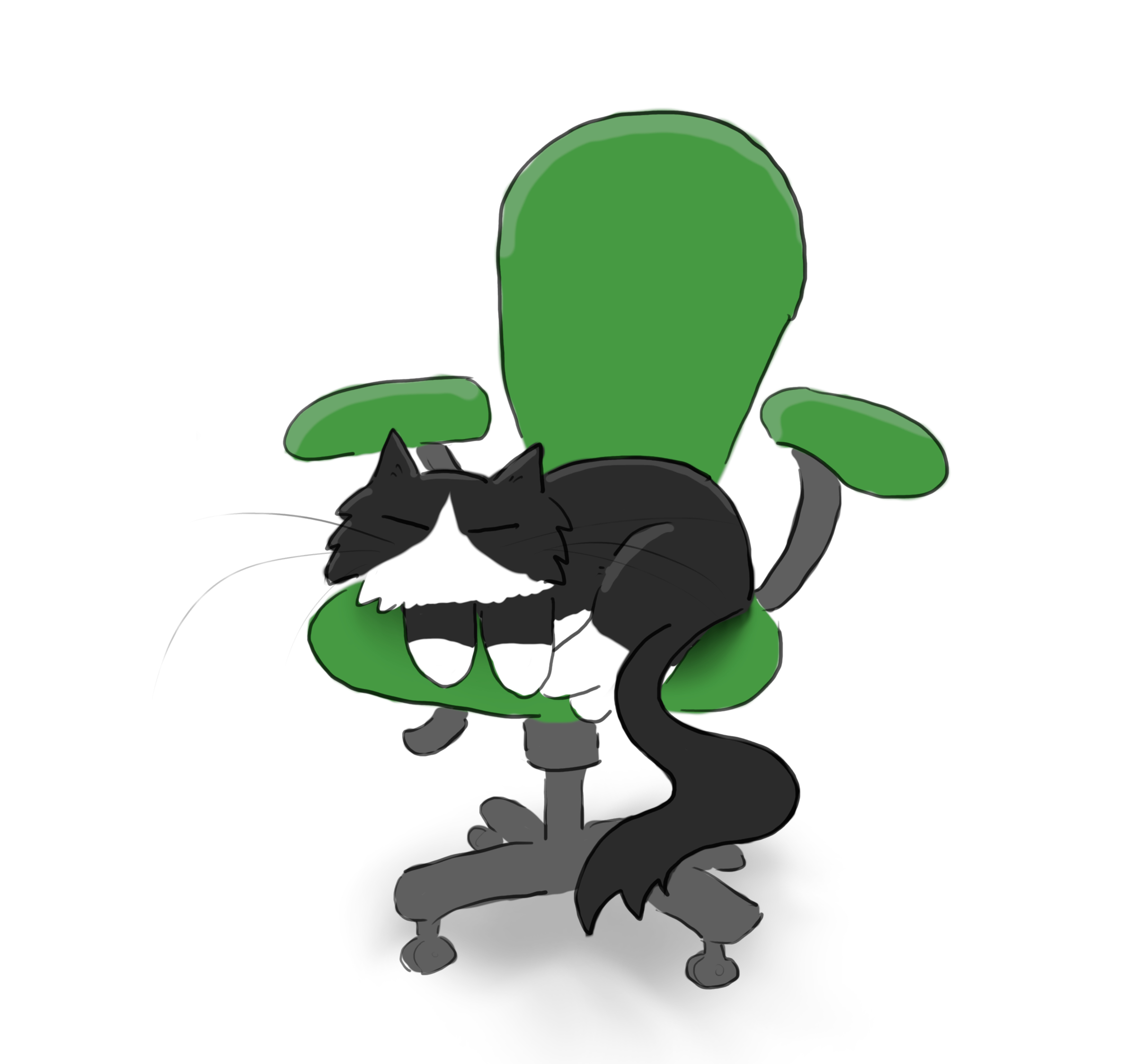 A cartoon of a tuxedo cat asleep in a green office chair.