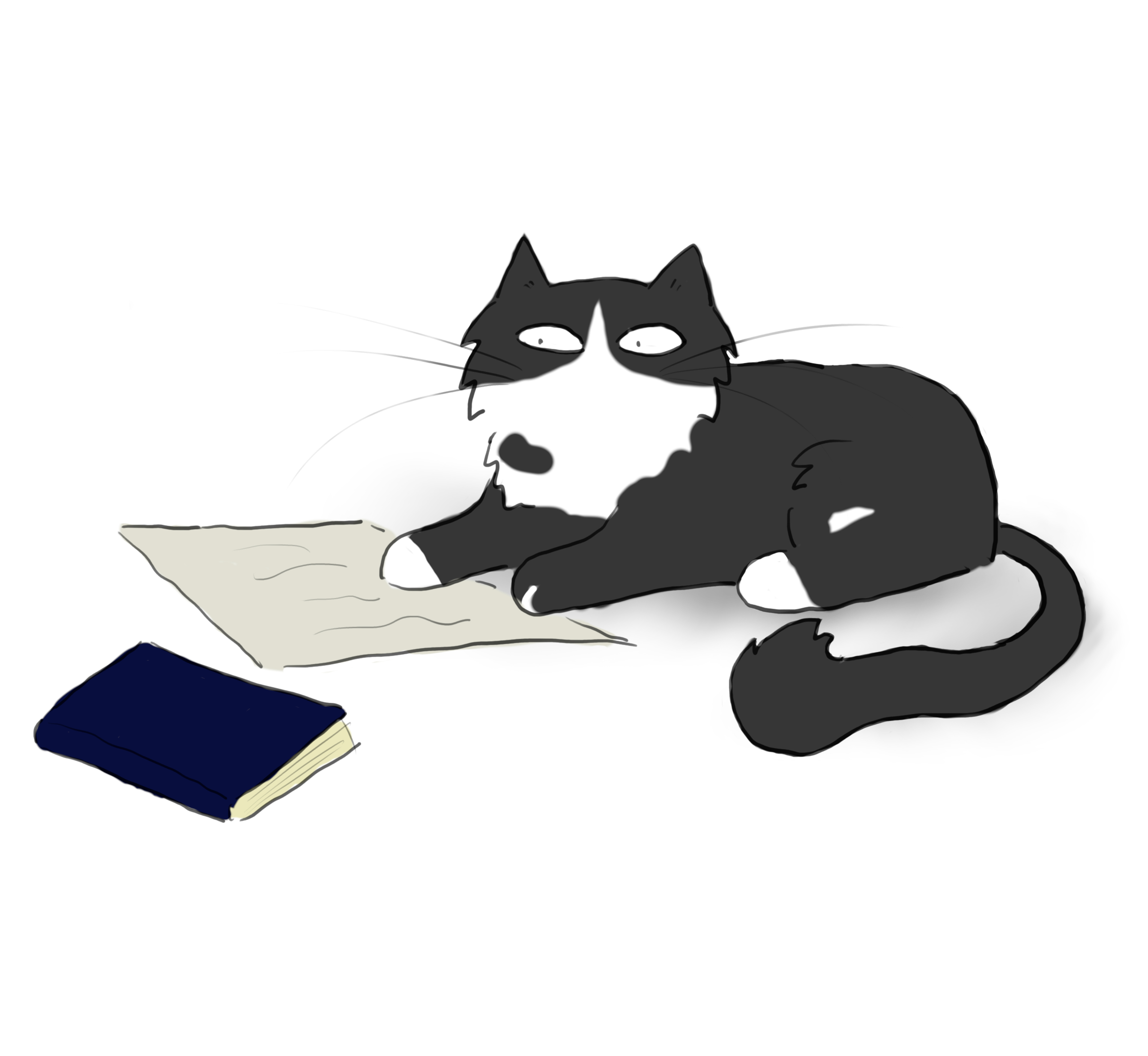 A cartoon of a black and white cat with sleepy eyes, sitting next to a sheet of paper and a note book.