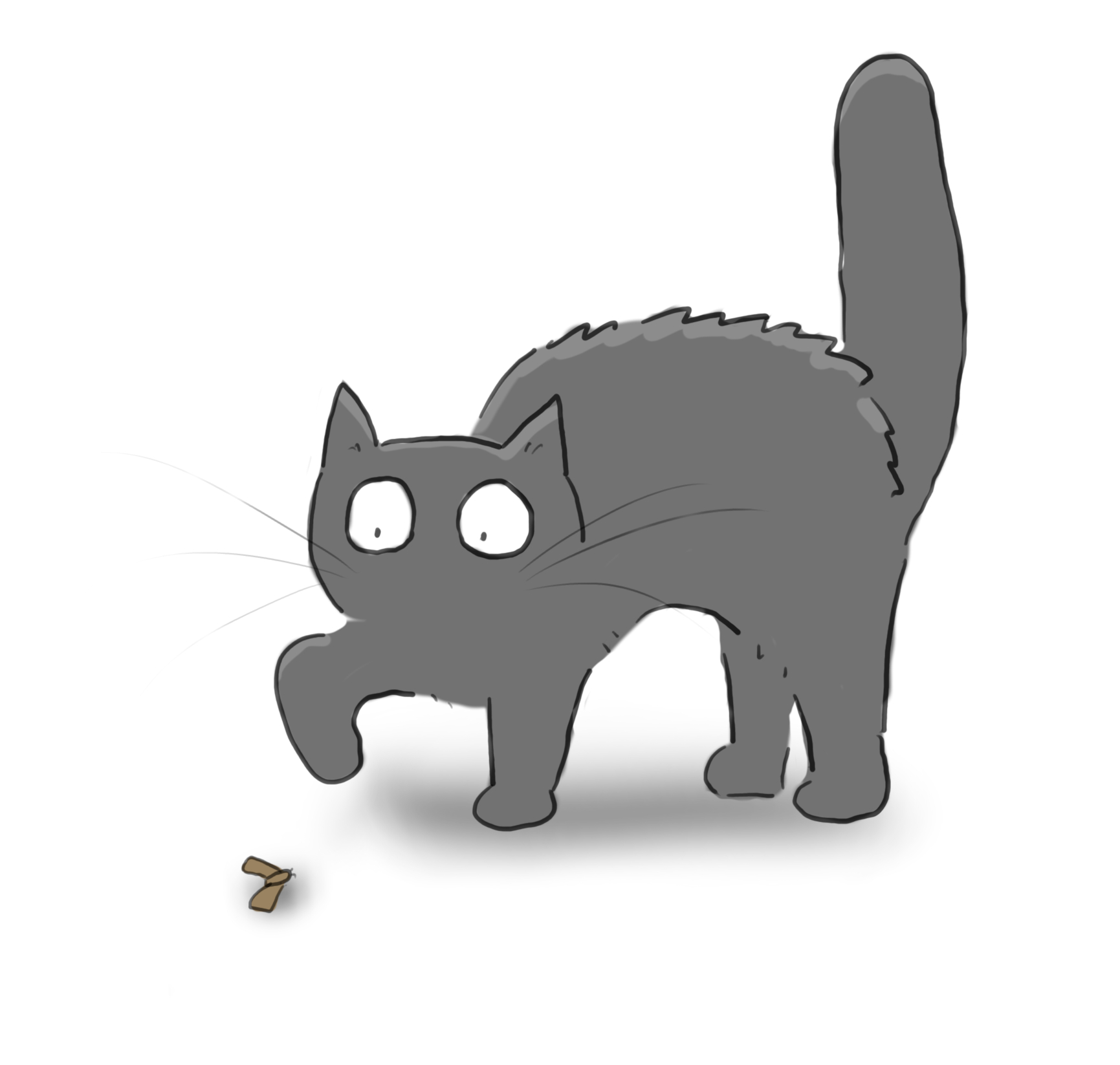 A cartoon of a grey cat arching his back and fluffing up as it faces off against a dead moth.