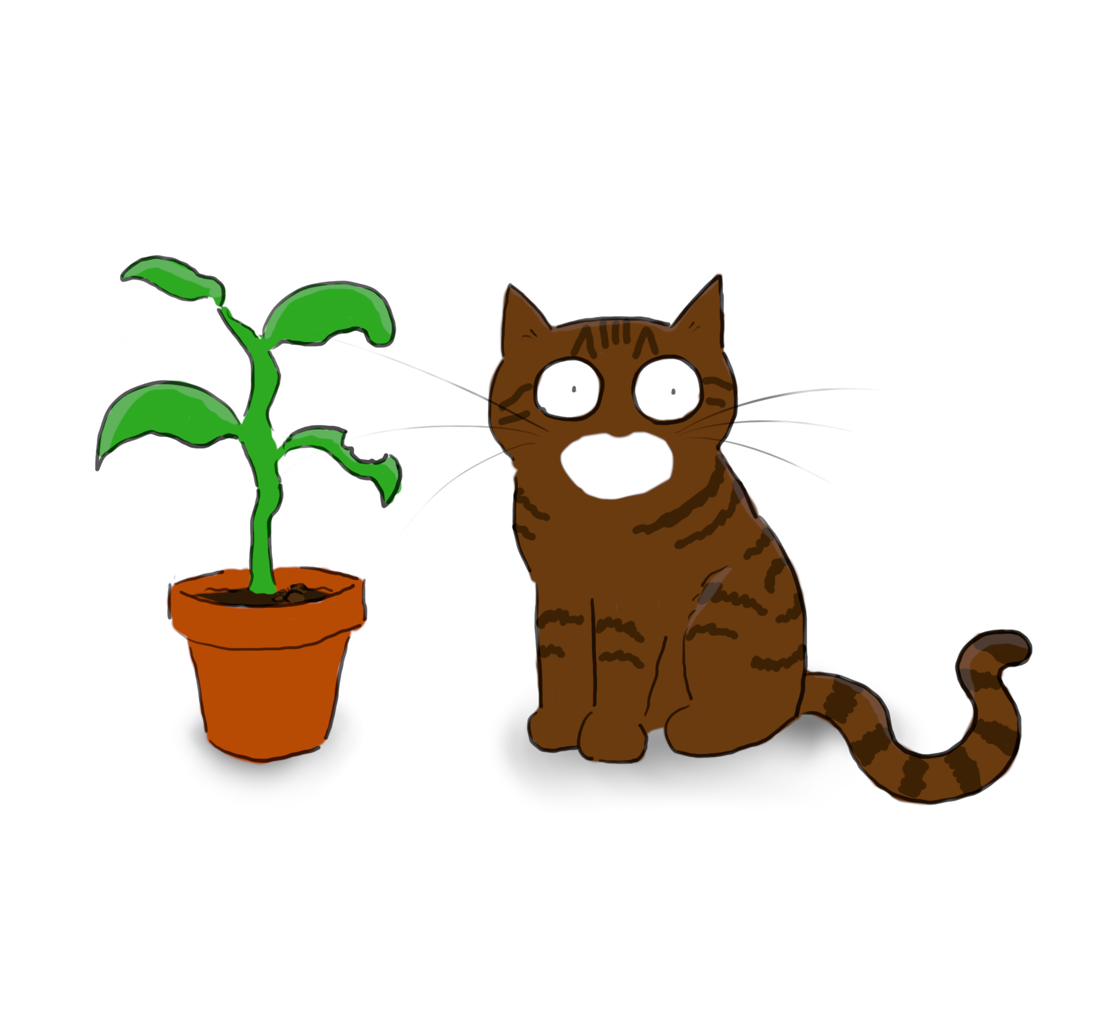 A cartoon of a tabby cat sitting innocently next to a plant with a bite mark on one of its leaves.