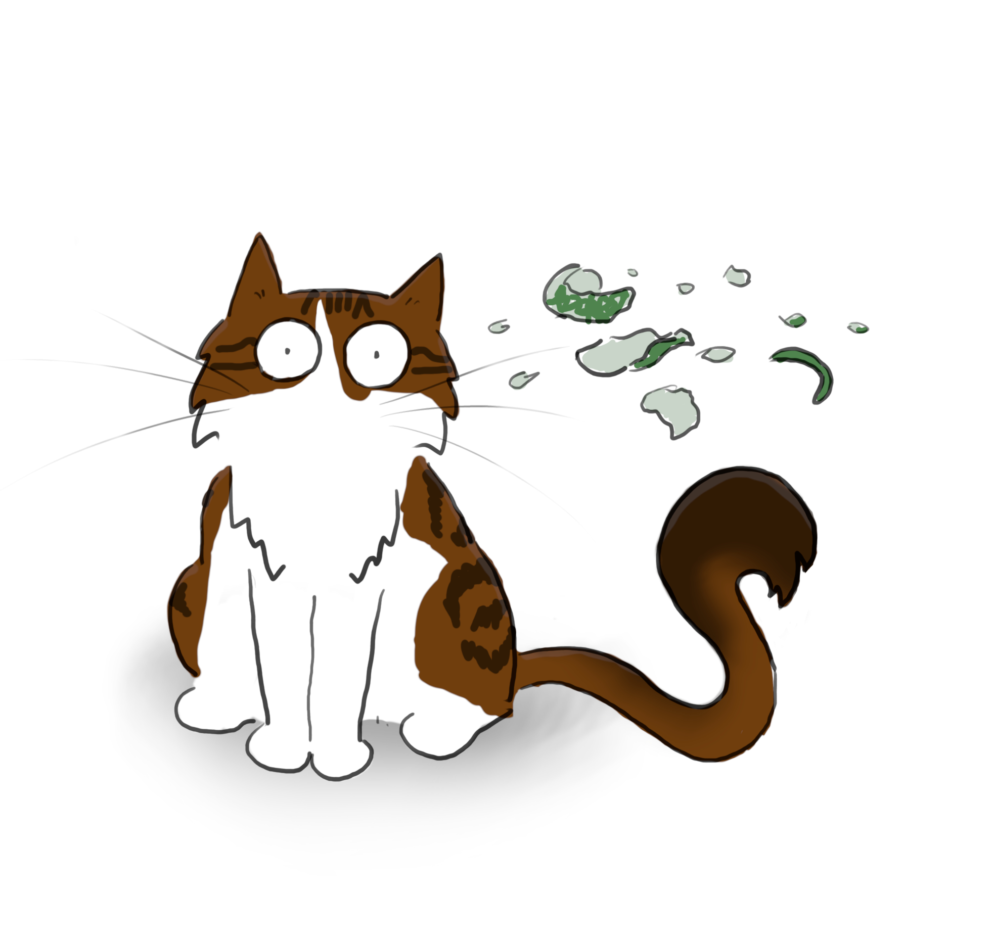 A cartoon of a tabby and white Maine Coon cat sitting in front of a smashed mug.