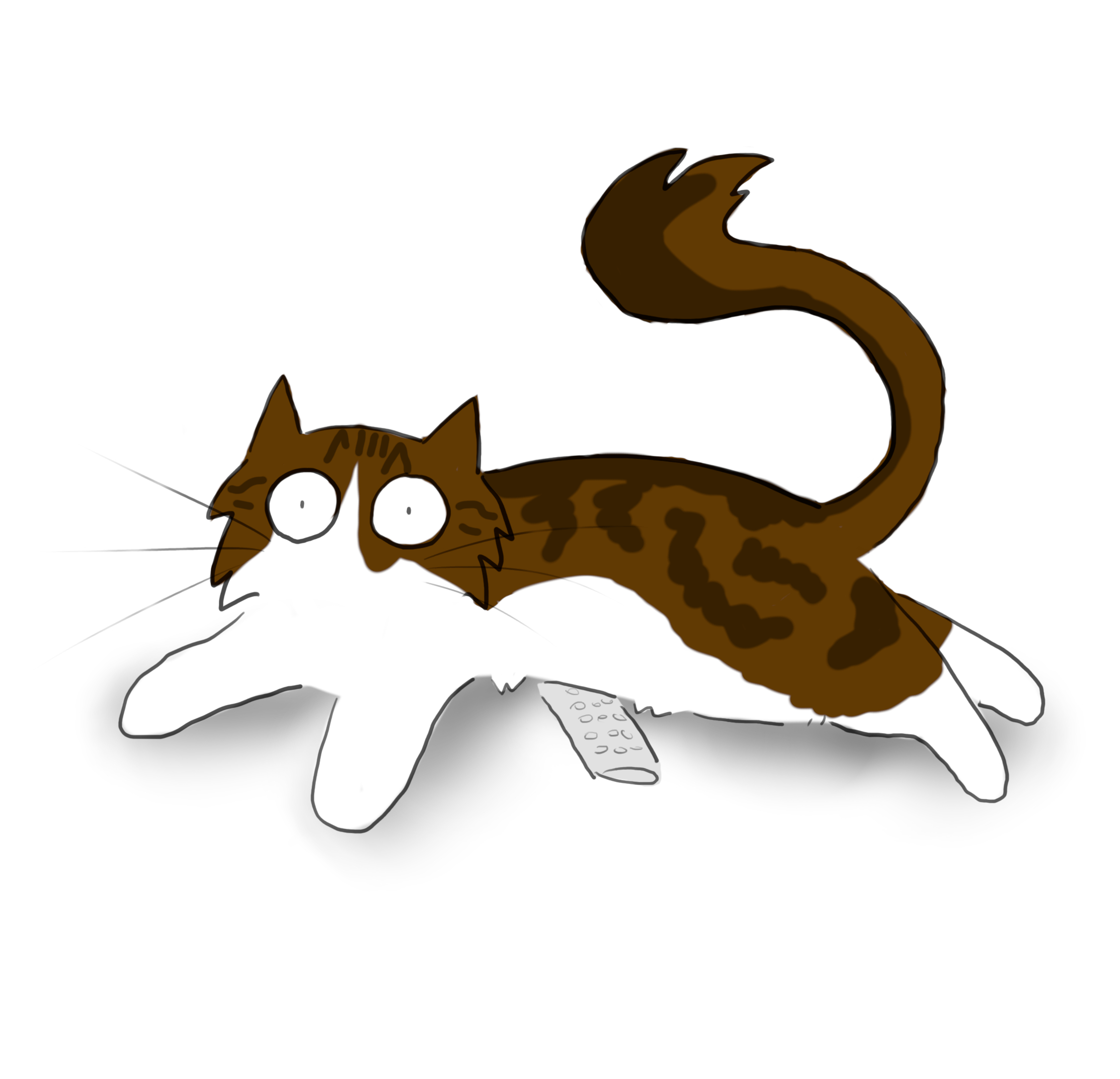 A cartoon of a tabby and white Maine Coon cat sitting on a TV remote.