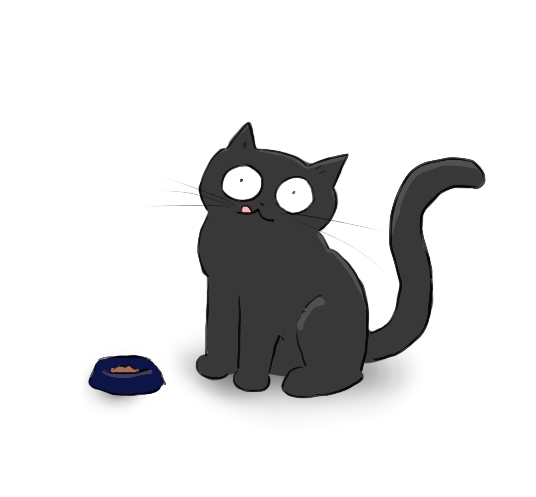 A cartoon of a black cat licking his lips happily next to a bowl of food.