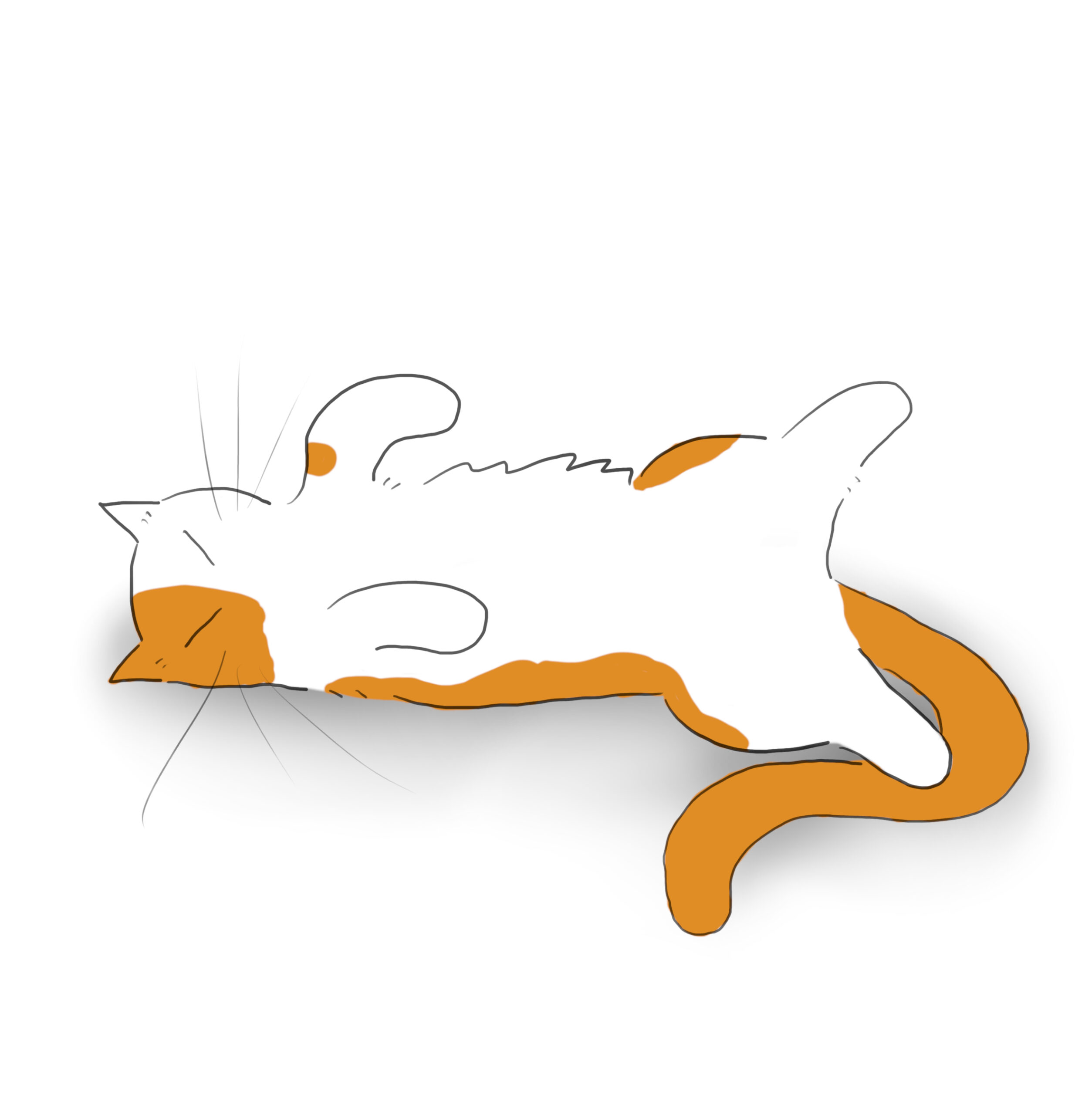 A cartoon of an orange and white cat lying on its back asleep.