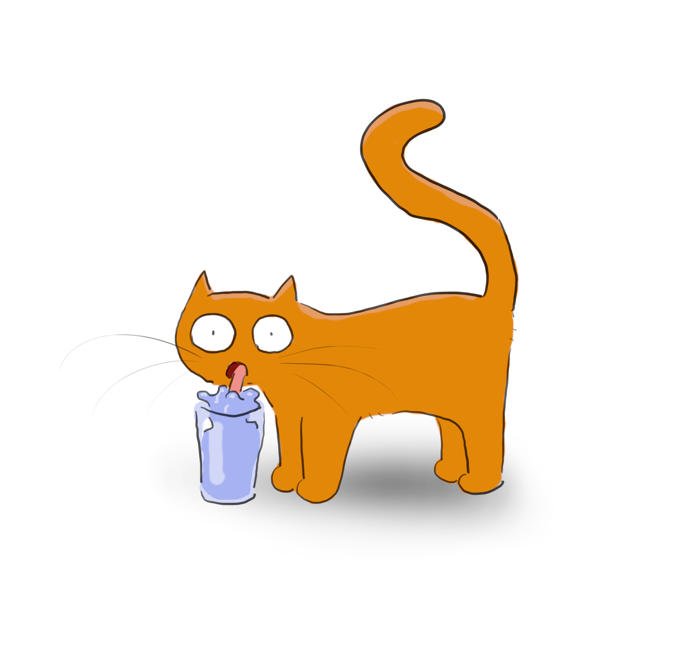 A cartoon of an orange cat lapping at a glass of water.