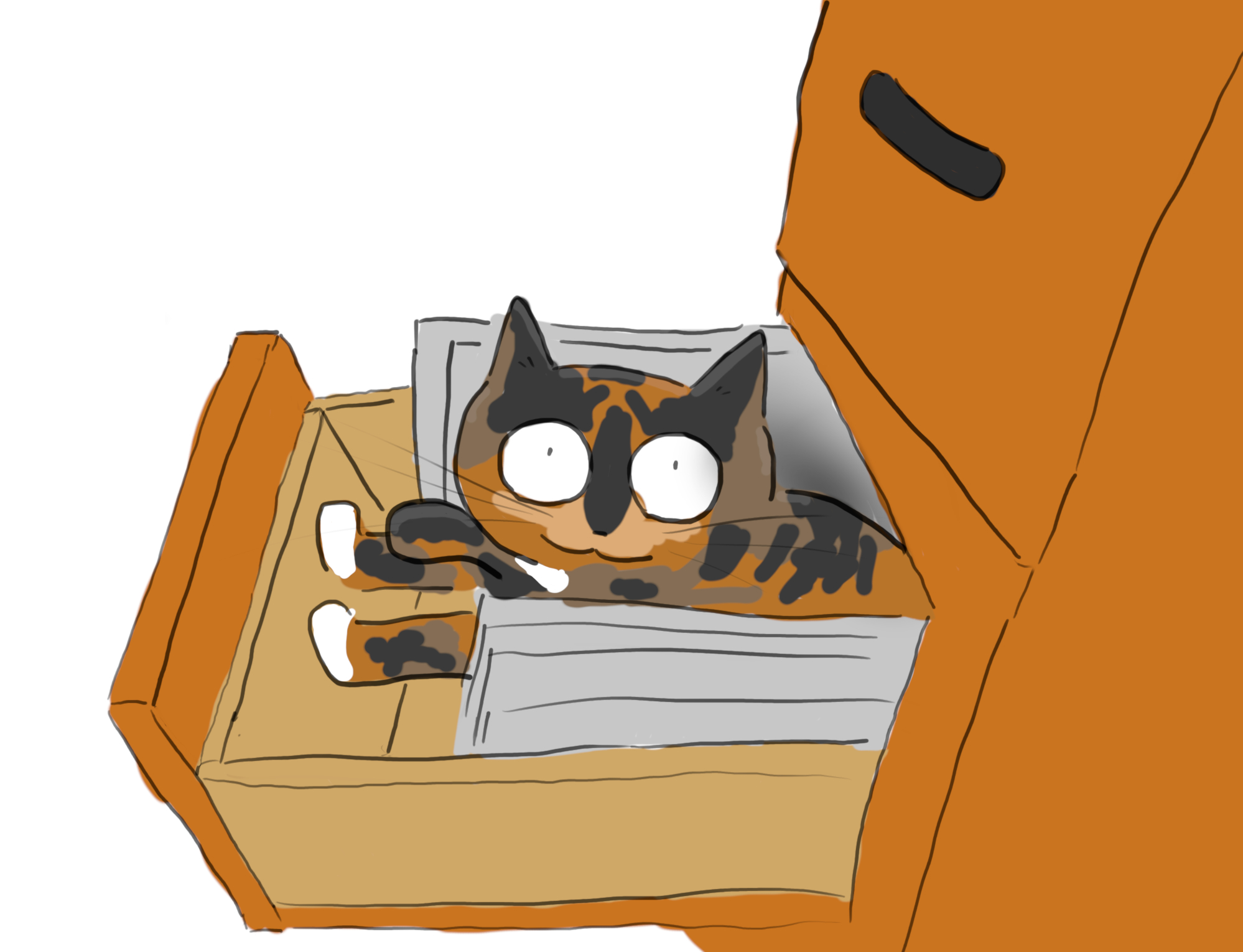A cartoon of a tortoiseshell cat in a filing cabinet drawer among the files.