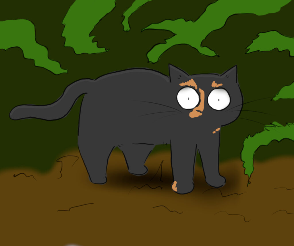 Jade A cartoon of a mostly black tortoiseshell cat walking through vegetation.