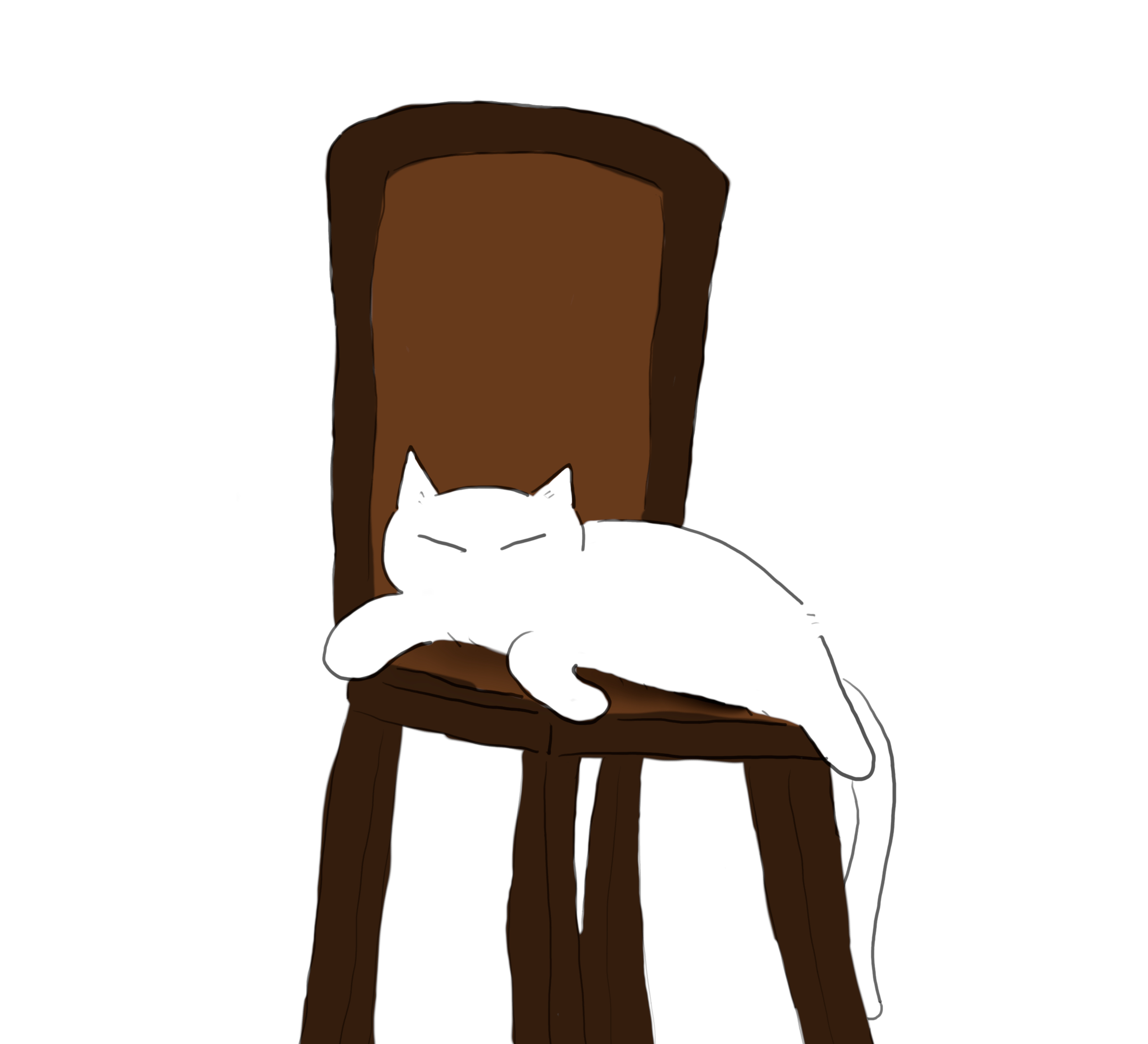 A cartoon of a white cat asleep on a wooden chair.