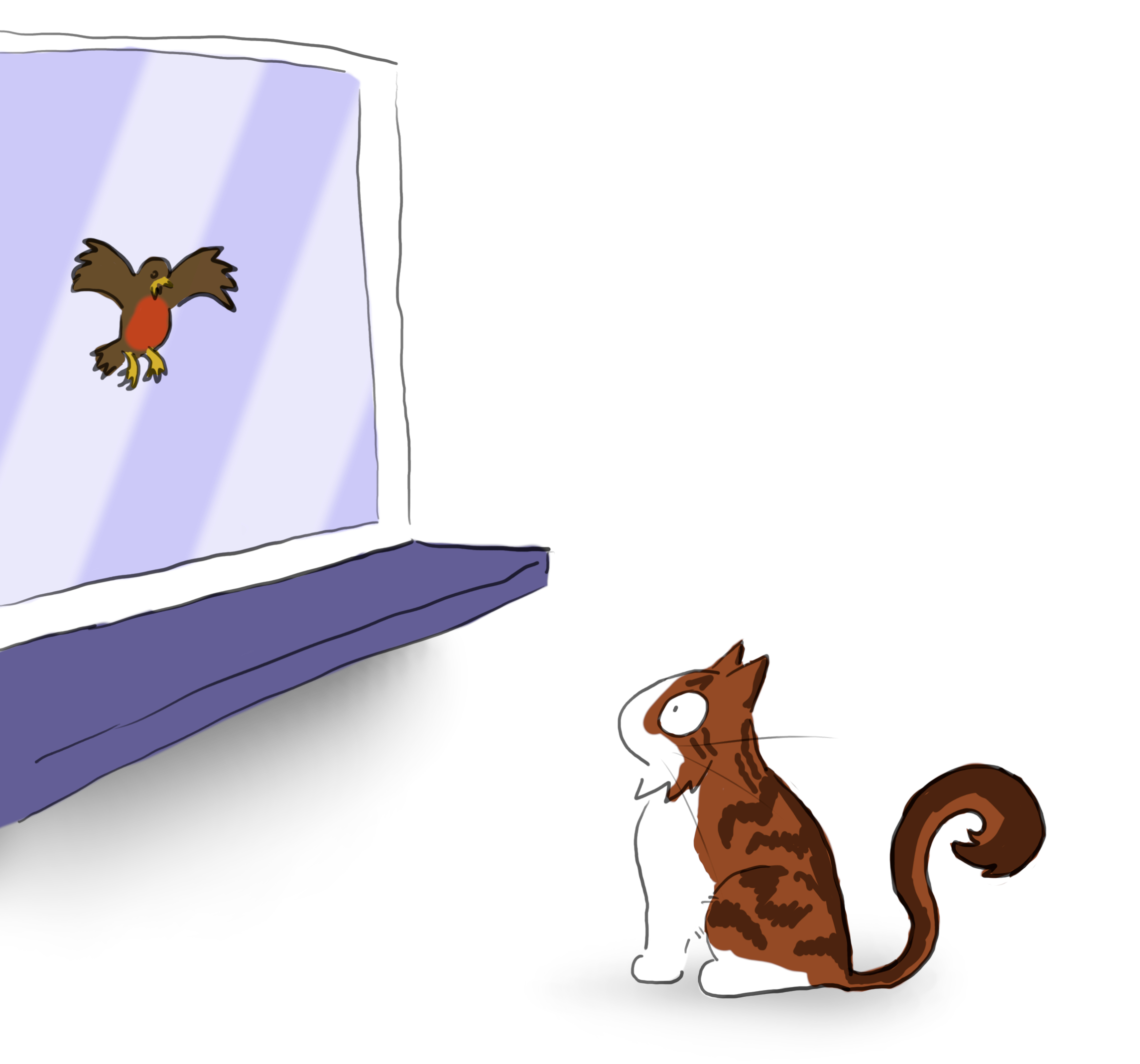 A cartoon of a tabby and white cat looking out a window at an angry-looking robin.