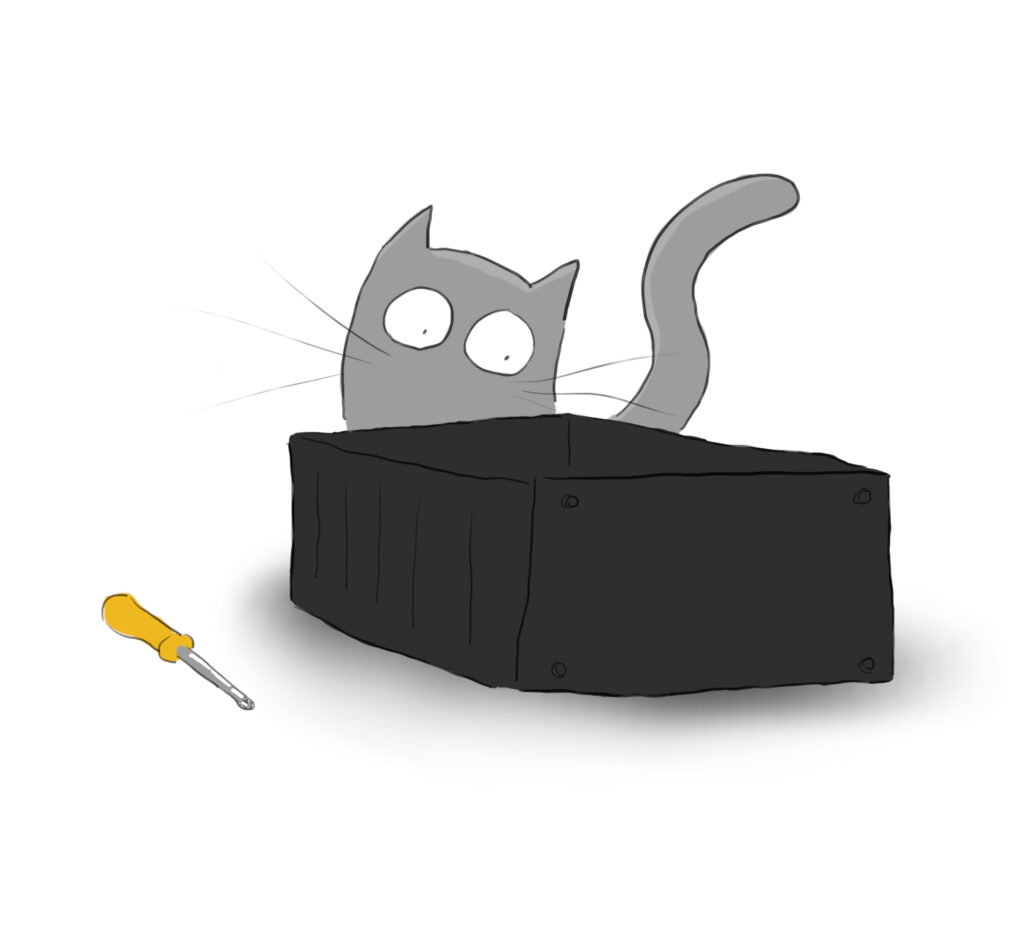 A cartoon of a grey cat peering into a computer case, with a screwdriver lying nearby.