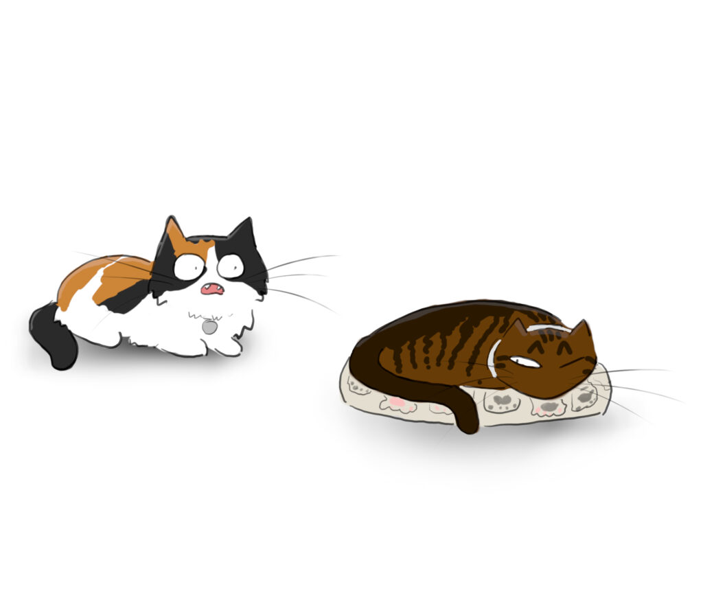 A cartoon of a calico cat hissing at sleeping tabby cat.