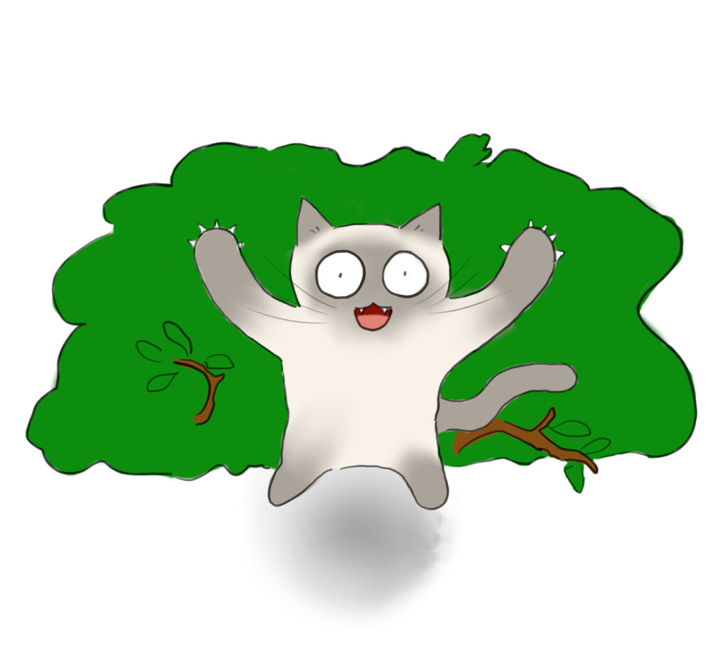 A cartoon of a blue-point ragdoll cat leaping out of a bush.