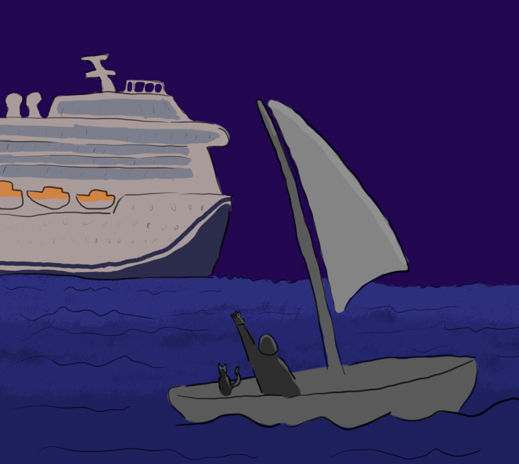 A cartoon of a black cat and a person in a sail boat waving at a huge cruise ship in the distance.