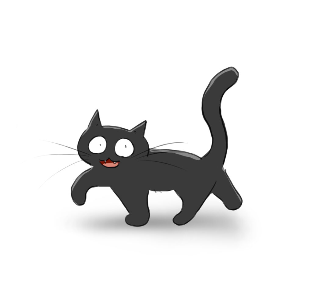 A cartoon of a very happy black cat.