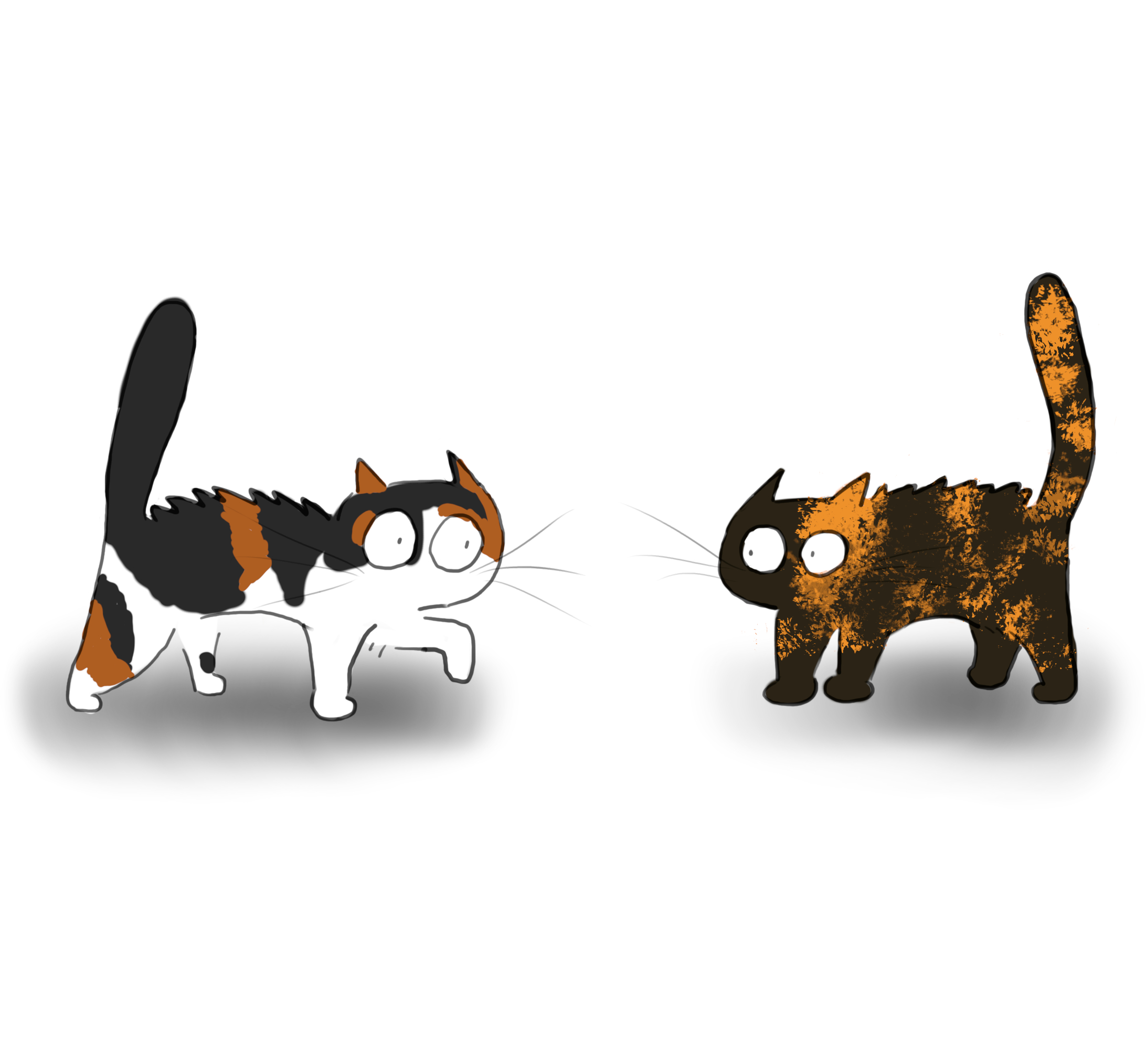 A cartoon of a cailco and a tortoiseshell cat facing off against each other.