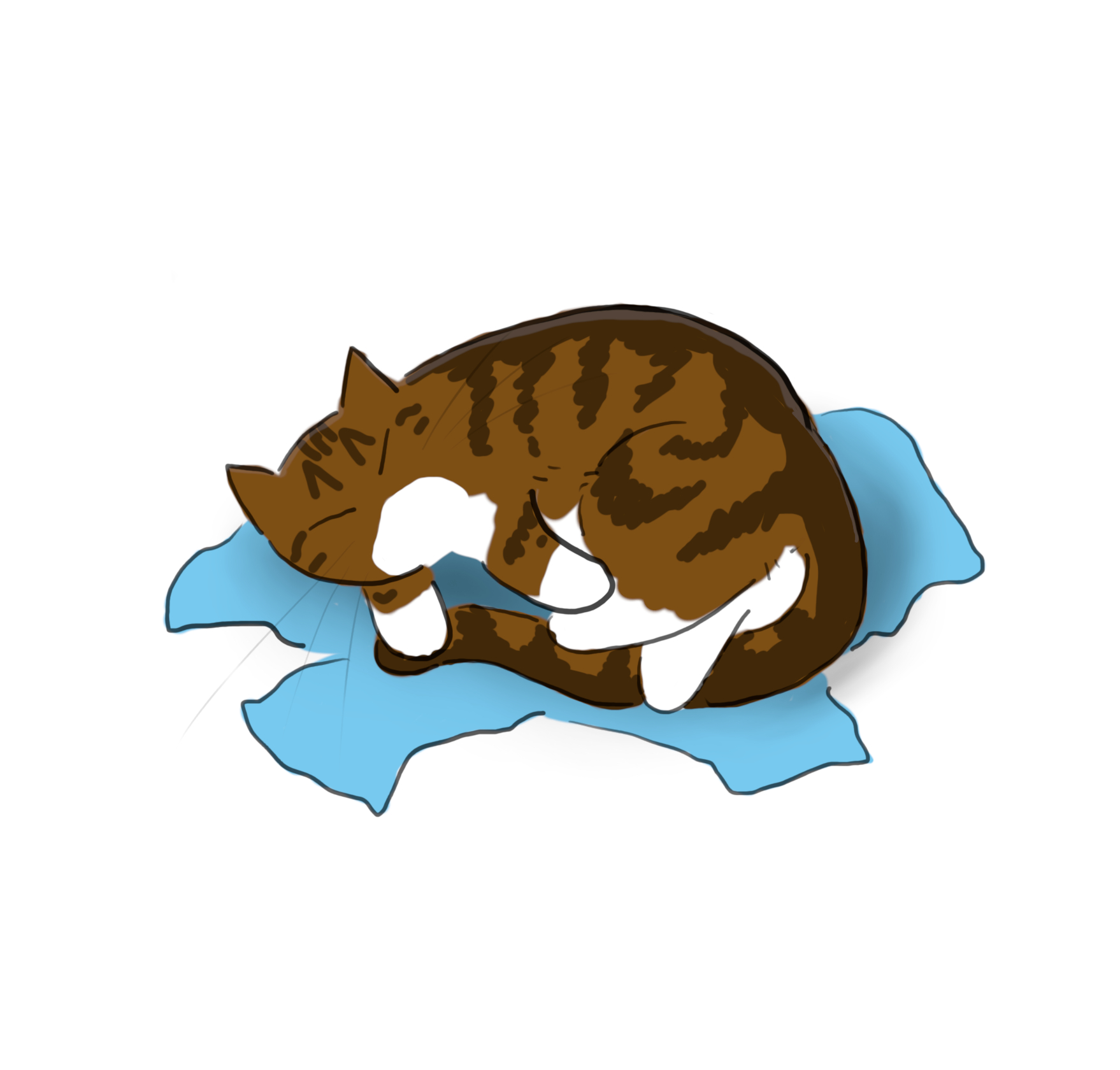 A cartoon of a tabby cat asleep on some blue pyjamas.