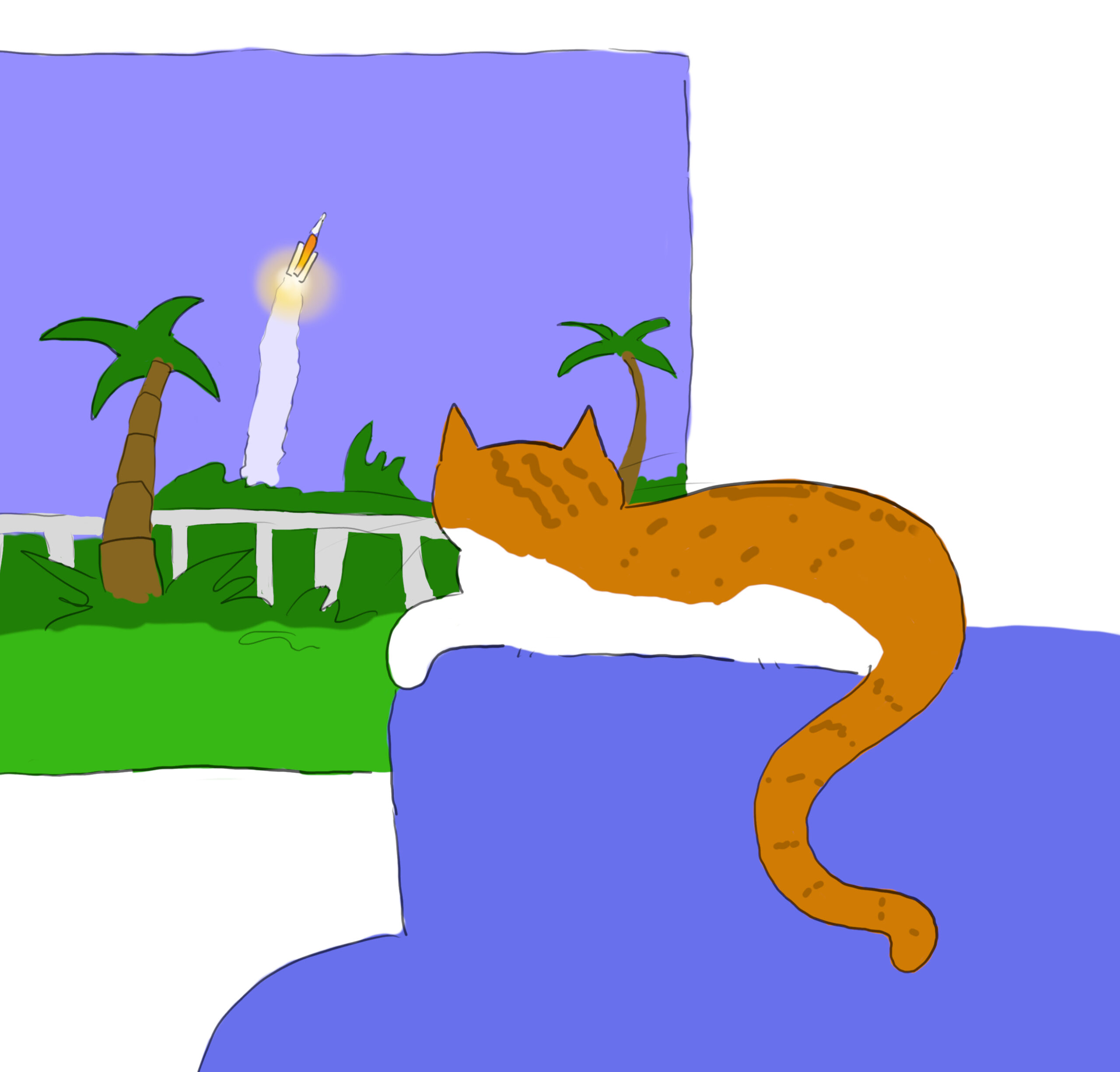 A cartoon of an orange and white cat sitting on a blue couch looking out through a door past palm trees at a rocket shooting into the sky.