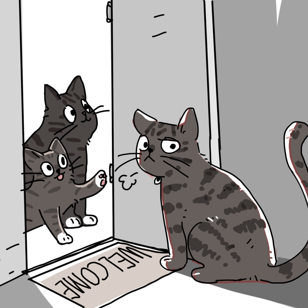 A cartoon of a tabby cat looking very annoyed about two other tabby cats at the door.