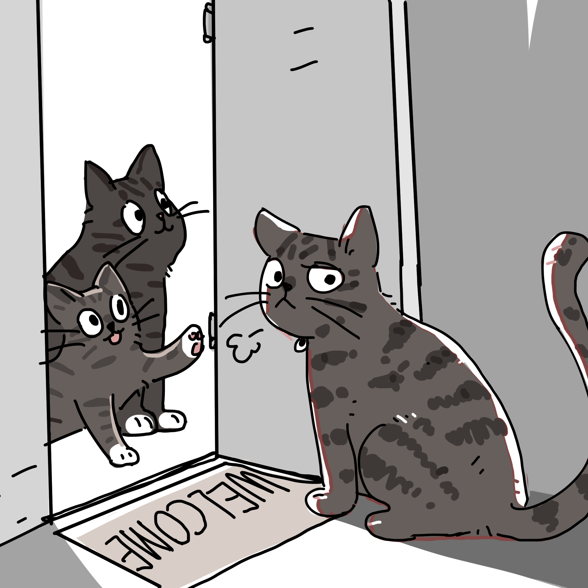 A cartoon of a tabby cat looking very annoyed about two other tabby cats at the door.