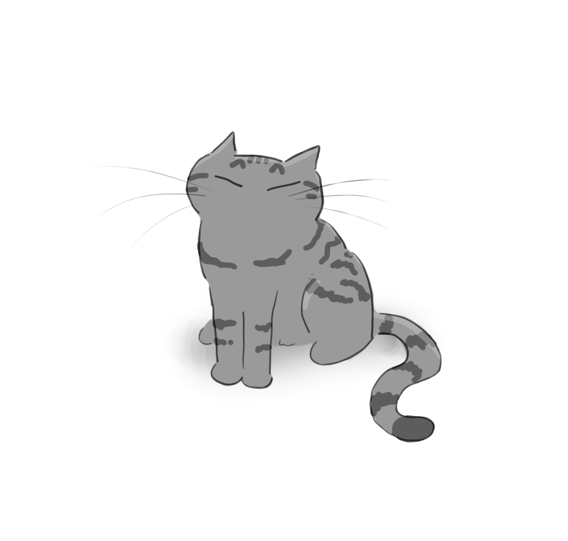 A cartoon of a very satisfied looking silver tabby cat.