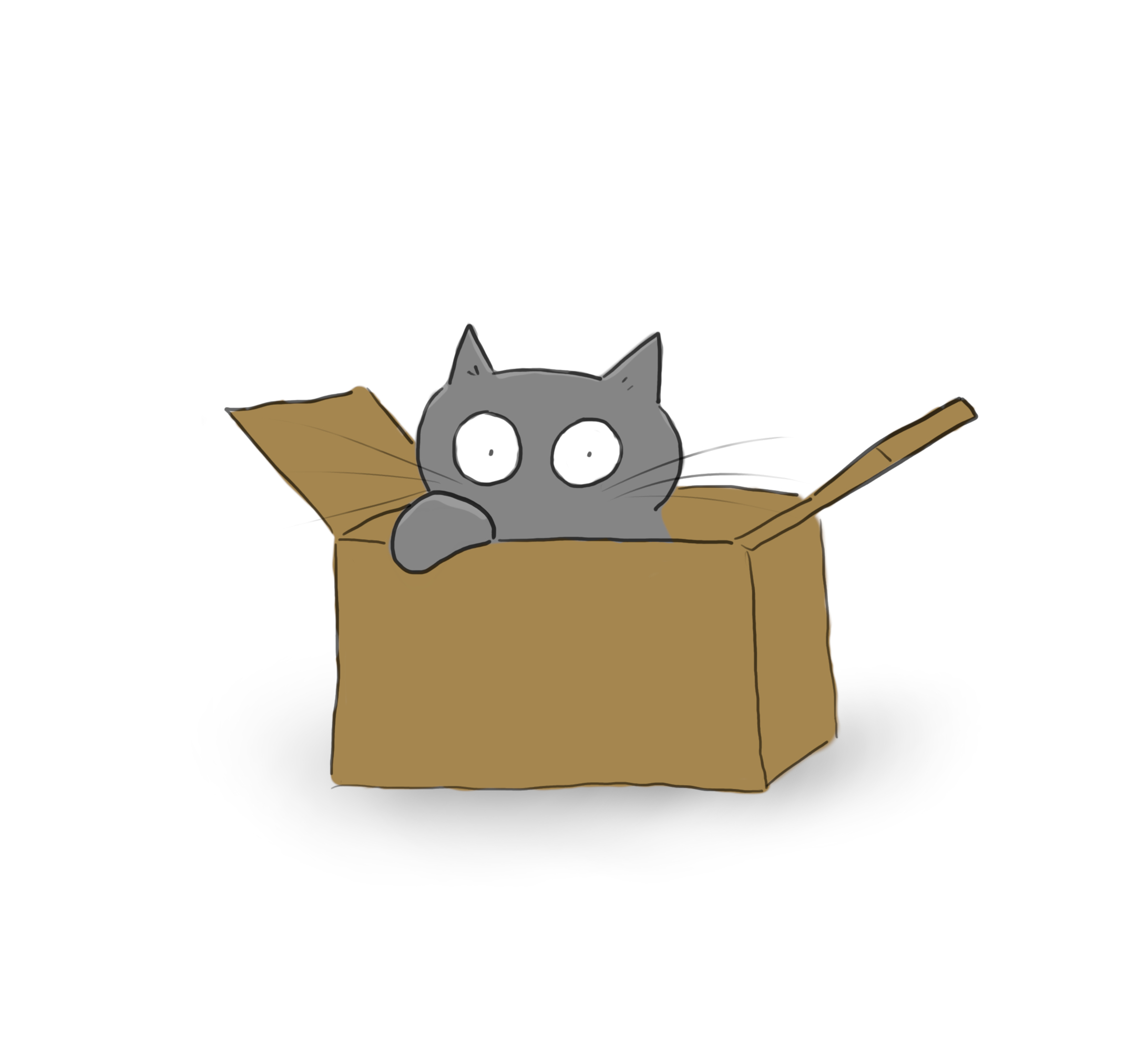 A cartoon of a grey cat in a cardboard box.