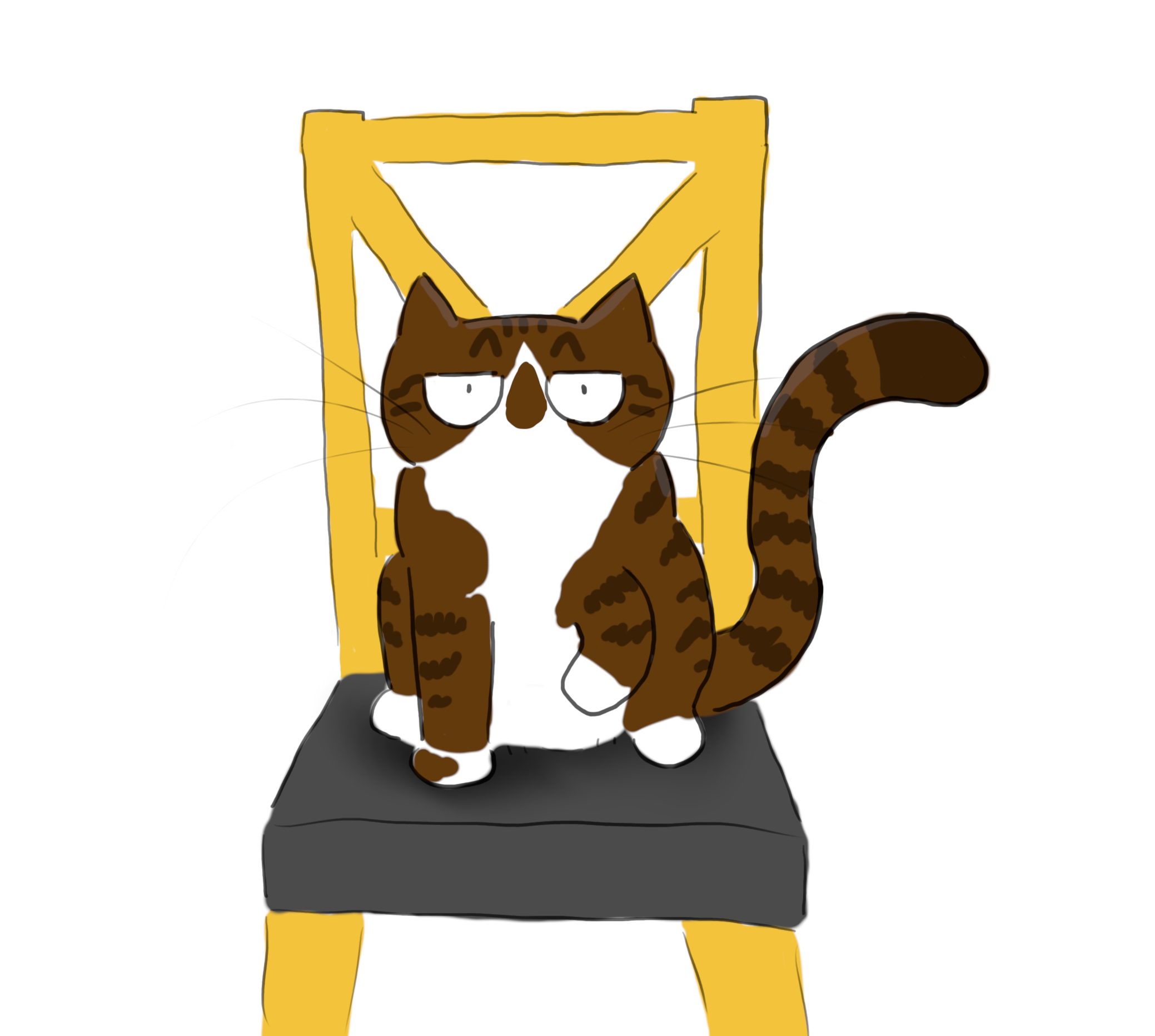 A cartoon of a tabby and white cat sitting on a chair with a paw raised for action.