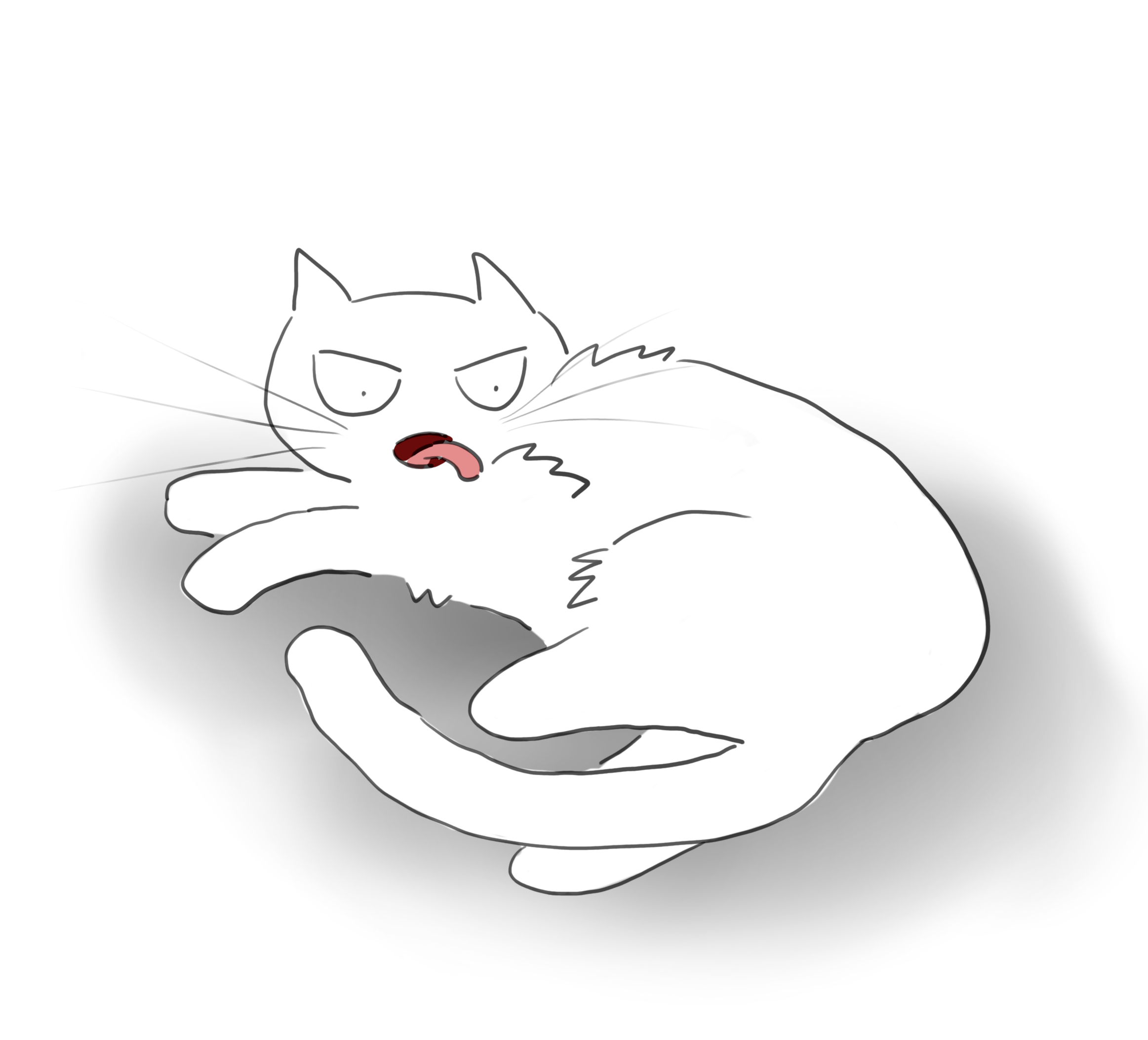 A cartoon of a white cat furiously licking itself.