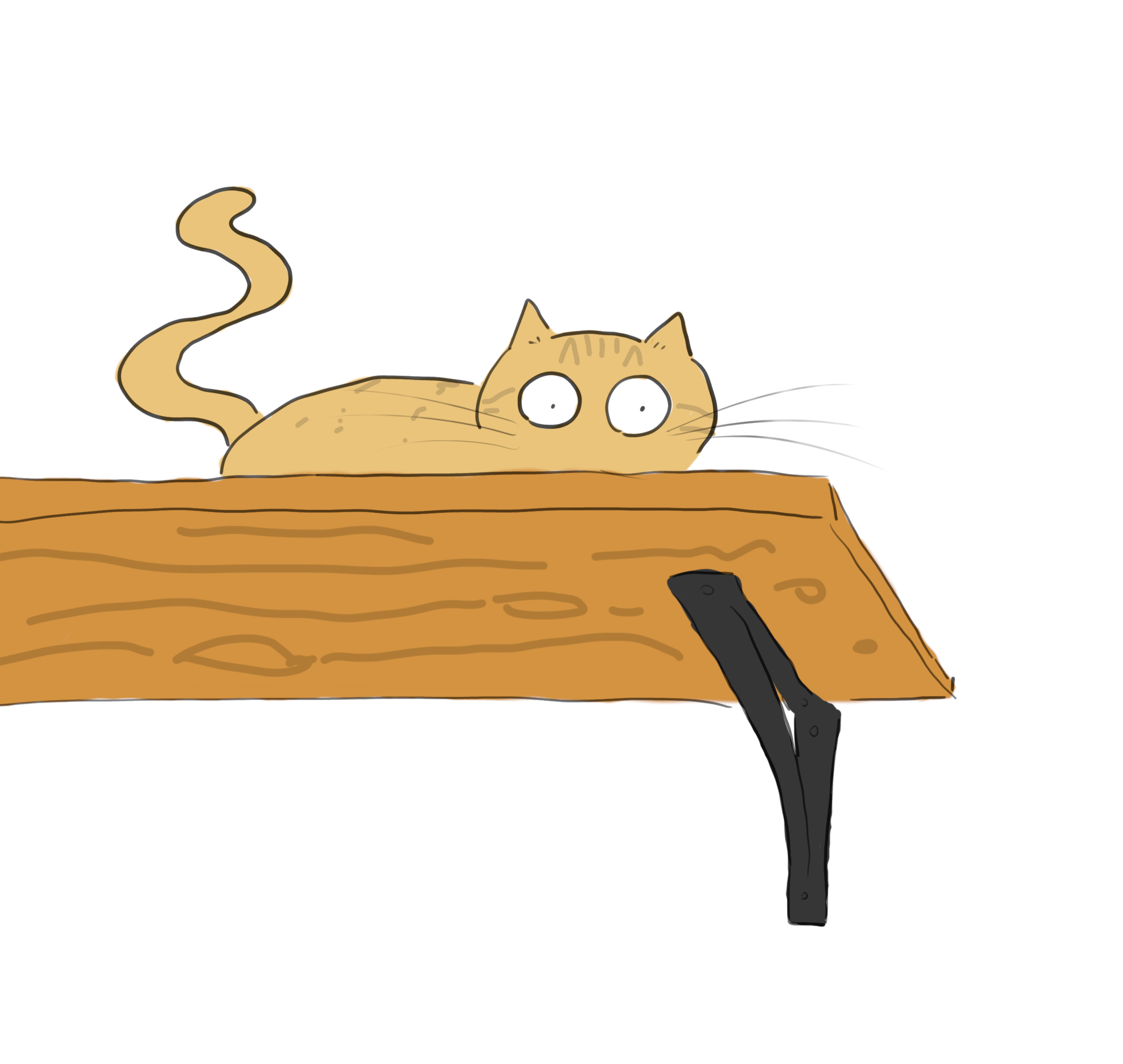 A cartoon of a cream coloured cat looking down from a high shelf.