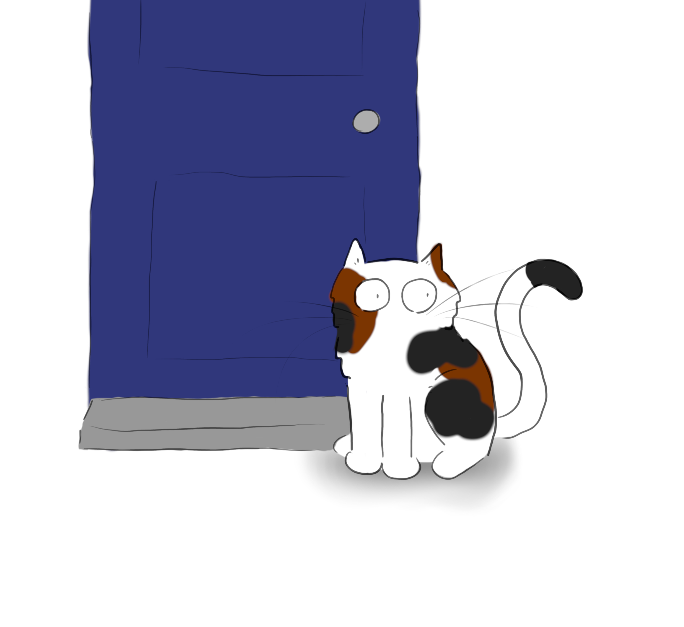 A cartoon of a white cat with black and brown spots, sitting in front of a door.