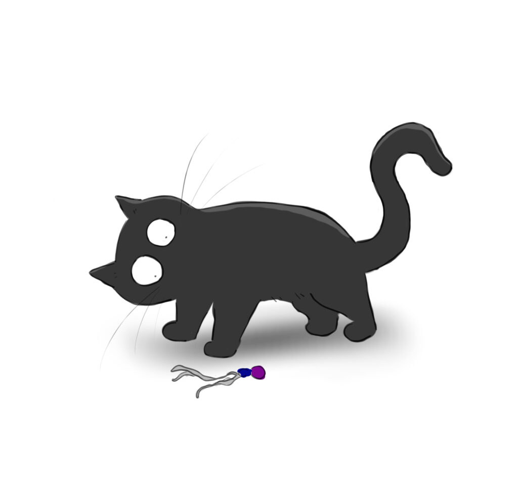 A cartoon of a black cat staring a cat toy in confusion.