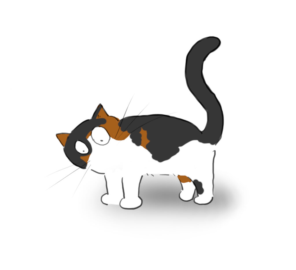 A cartoon of a calico cat staring at the ground.