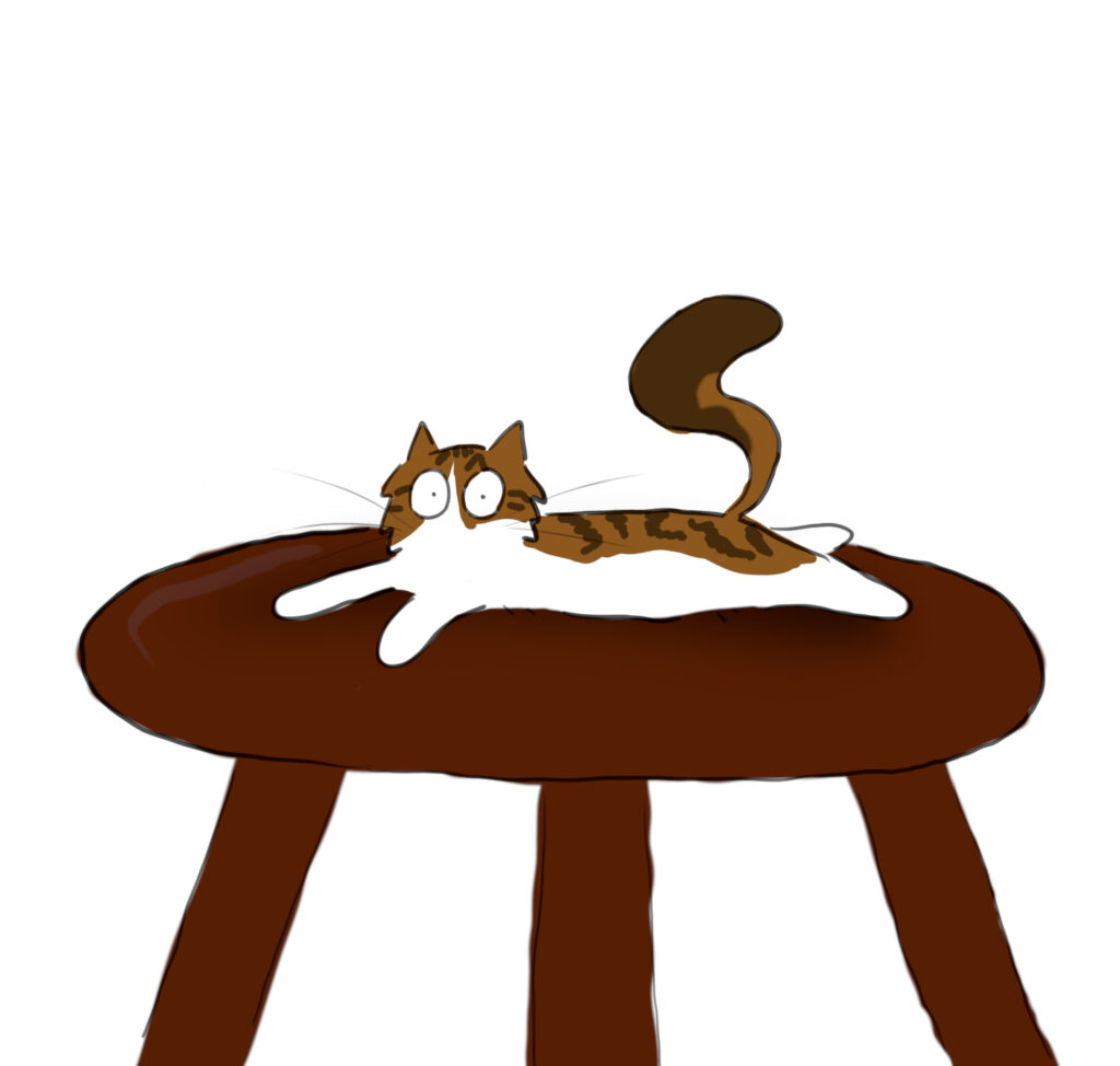 pippin_table A cartoon of a tabby and white cat taking up as much room as possible on a round wooden dinner table.