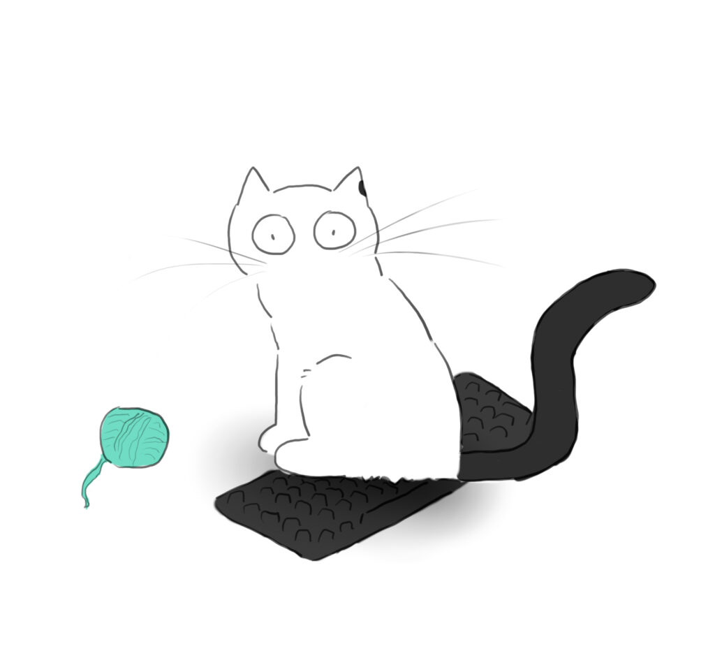 A cartoon of a white cat with a black tail, and a dot on its ear. It is sitting on a keyboard and is next to a ball of yarn.